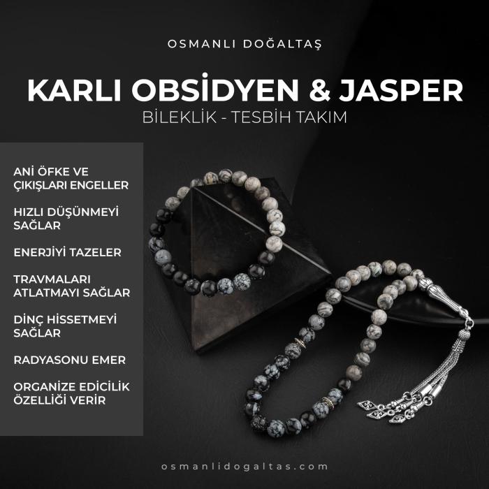 Gri Jasper-Karlı Obsidyen Doğal Taş Tesbih Bileklik Seti