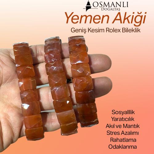 Sertifikalı Hakiki Orijinal Yemen Akiği Doğal Taş Geniş Kesim Roleks Bileklik